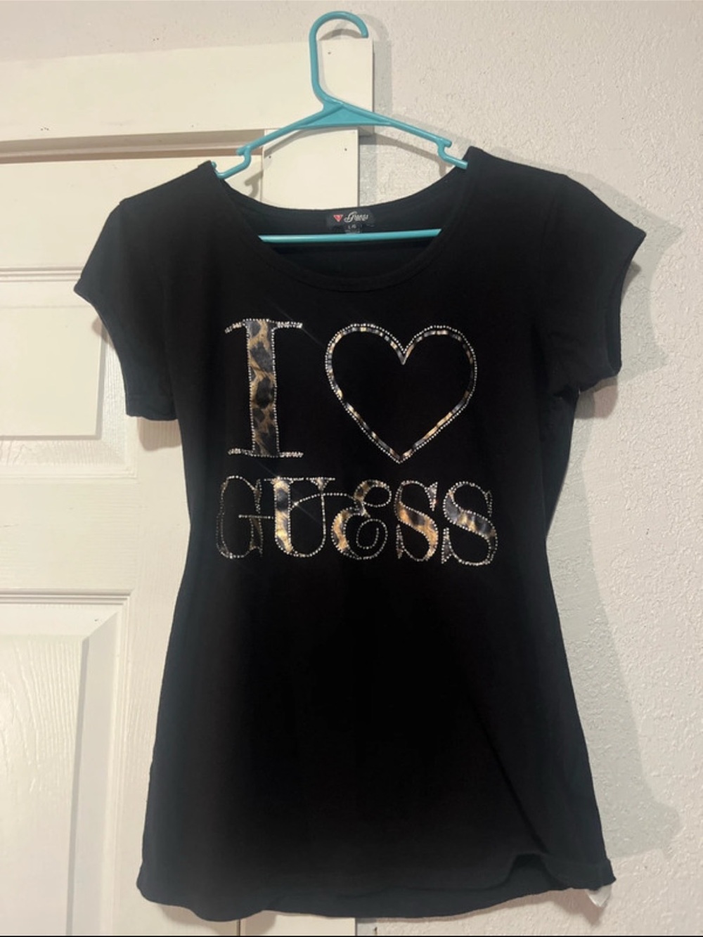 Y2K vintage Guess Black Tee with Rhinestone Heart Detail